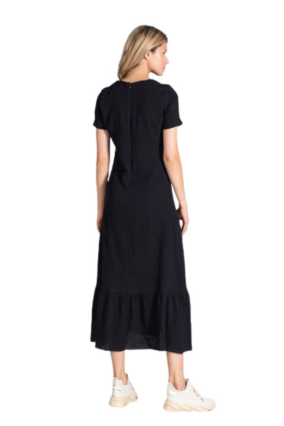 Sukienka Midi - Dekolt V Krótki Rękaw Falbana - czarna